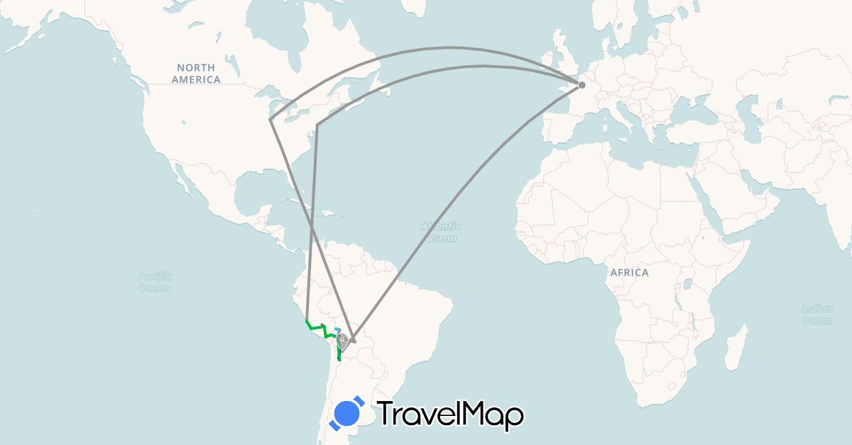 TravelMap itinerary: driving, bus, plane, train, hiking, boat in Bolivia, France, Peru, United States (Europe, North America, South America)